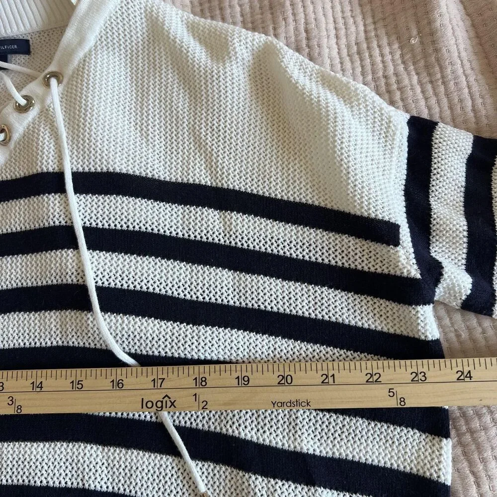 Tommy Hilfiger Sweater Womens Medium White Navy Stripe Lace‎ Up Hooded Pullover
